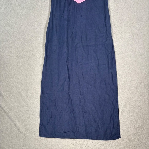 STS Sail to Sable Linen Maxi Dress M Navy Blue Pink Collar Coastal Prep - Picture 2 of 13